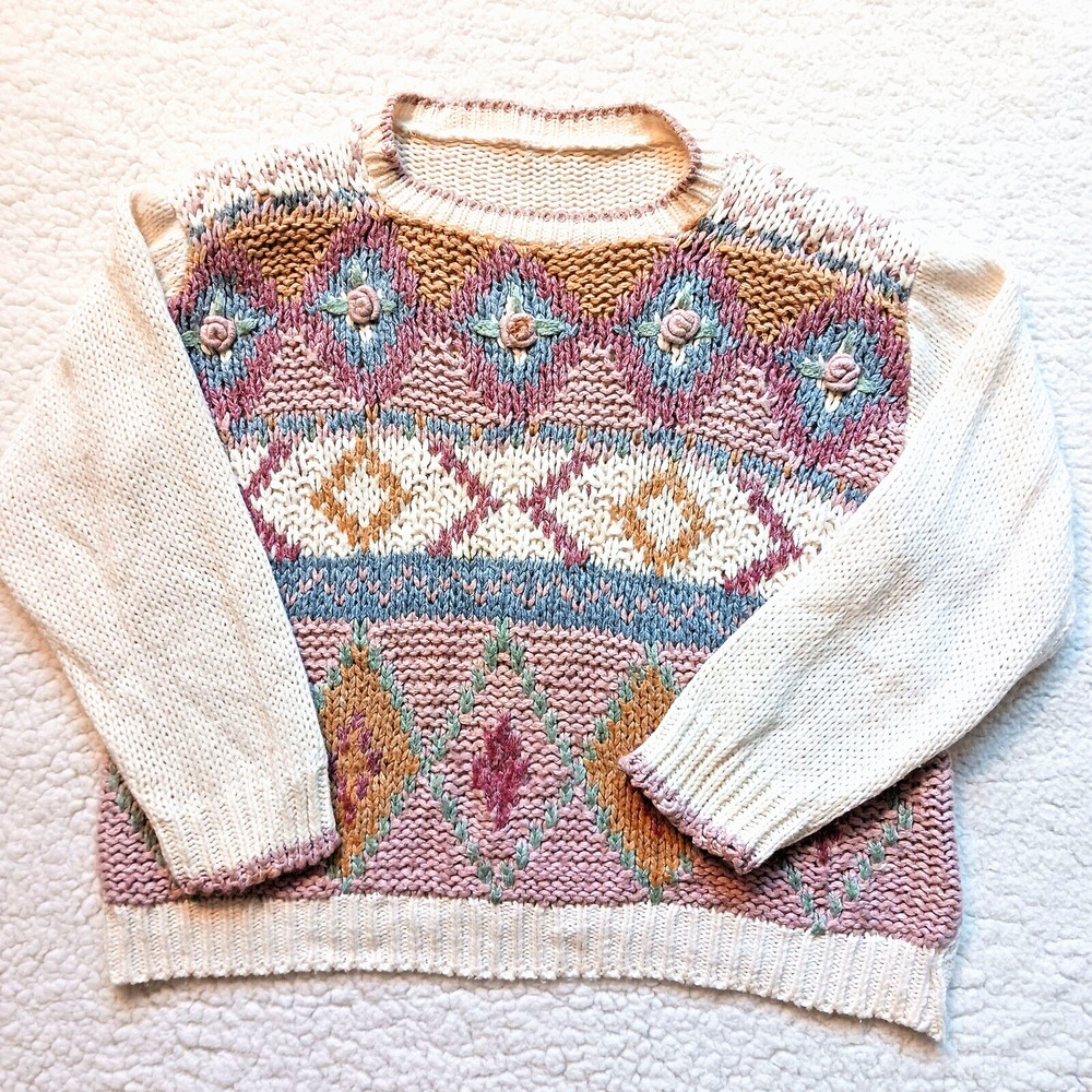 Vintage Y2K Nordic Argyle Sweater L Ivory Pink Floral Embroidered Cottage Granny